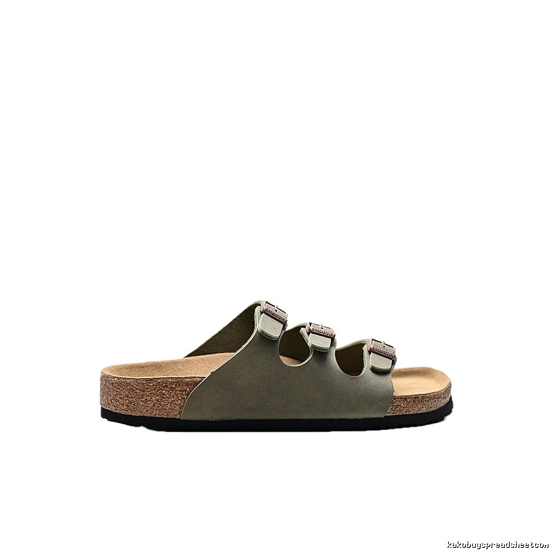 Birkenstock Three-Buckle Casual Army Green Cork Slide Sandals