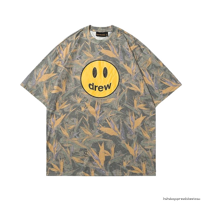 DREW Smiley All-over Print Street Style Grey and Yellow Short Sleeve T-Shirt