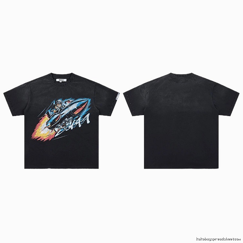 DUAA Rocket Print Vintage Style Black Short-sleeve T-shirt