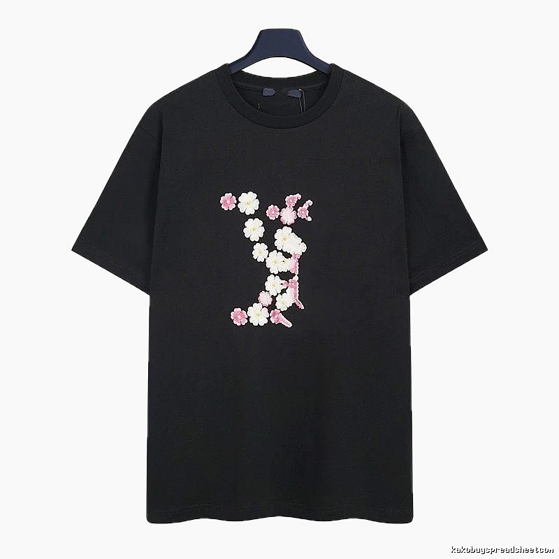 Louis Vuitton Floral Embroidered Casual Black Short-sleeved T-shirt