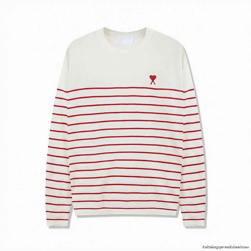 AMI Stripe Heart White Sweater