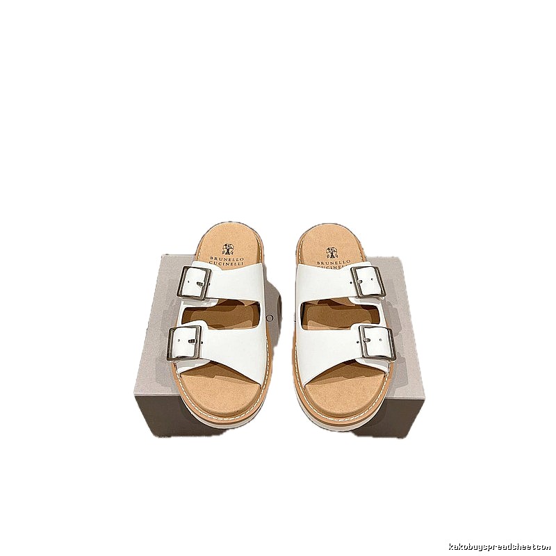 Brunello Cucinelli Double-Button Minimalist-Style White Slide Sandals