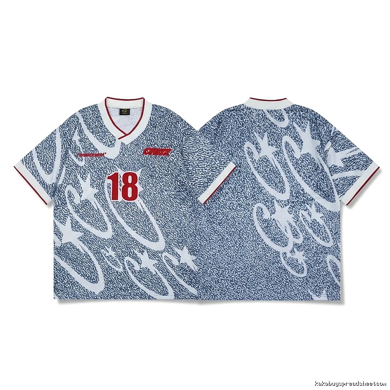 Corteiz-printed retro-style blue and white short-sleeve shirt