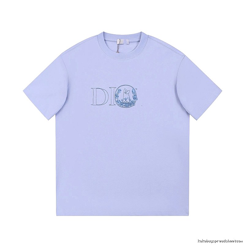 Dior Cat-Embroidered Casual Light Purple Short-sleeve T-Shirt