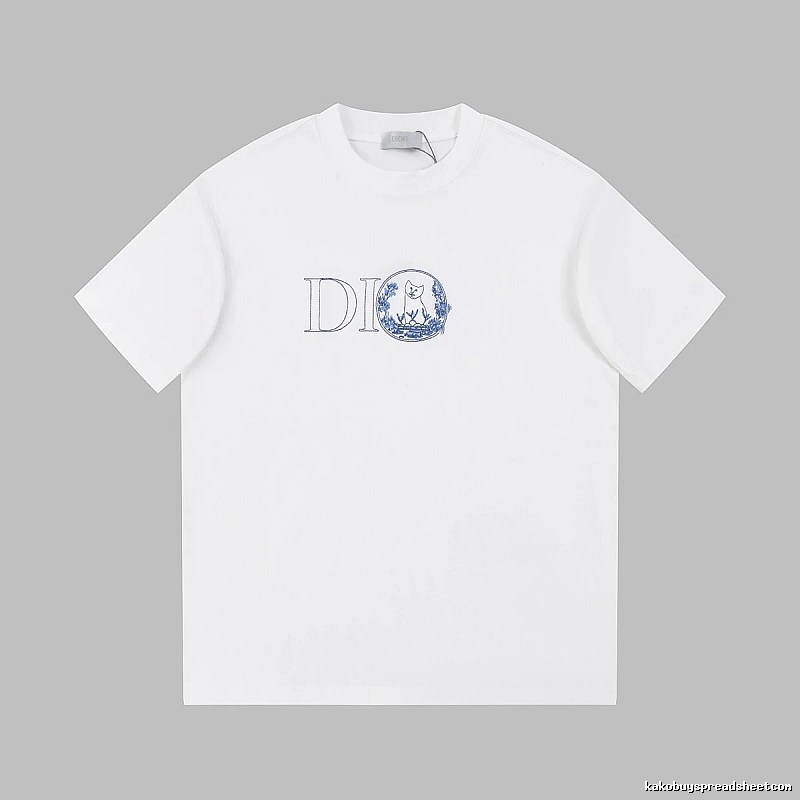 Dior Cat-Embroidered Light Luxury Style White Short-sleeve T-shirt