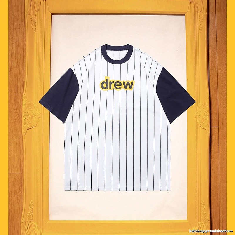 DREW Letter Print Street Style White and Navy Blue Short Sleeve T-Shirt