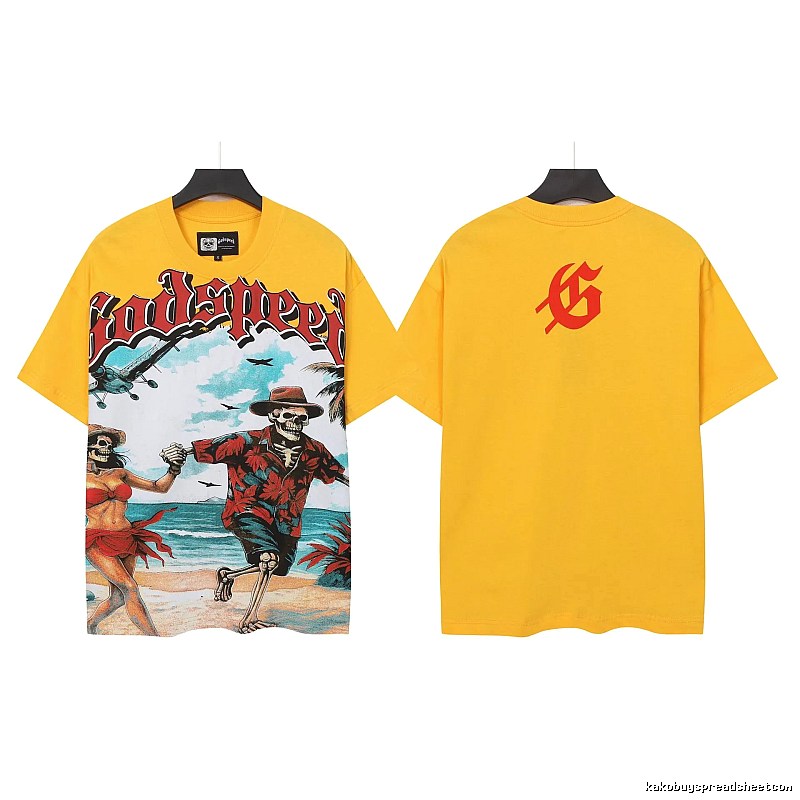 Godspeed Skull Print American Street Style Yellow T-Shirt