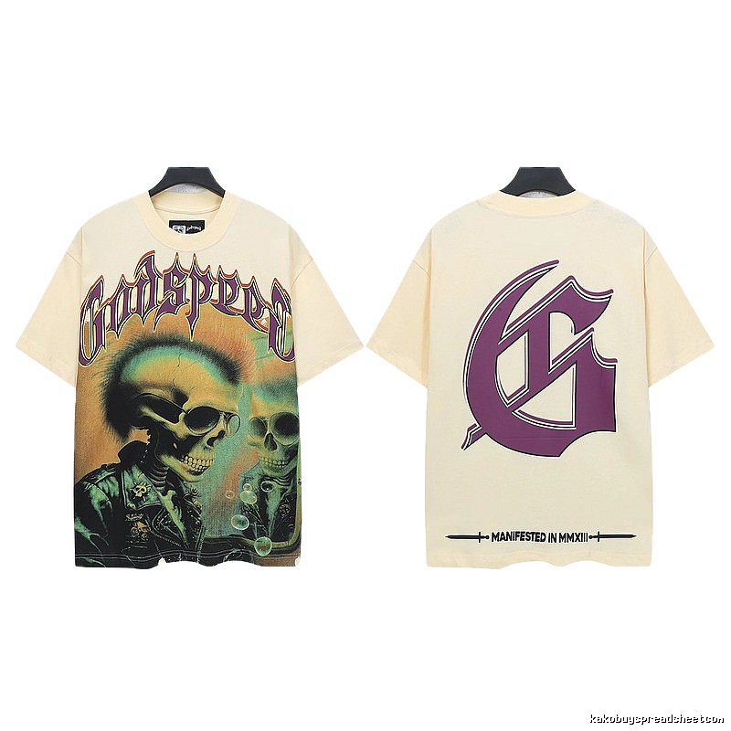 Godspeed Skull Print Gothic Style Beige Short Sleeve T-Shirt