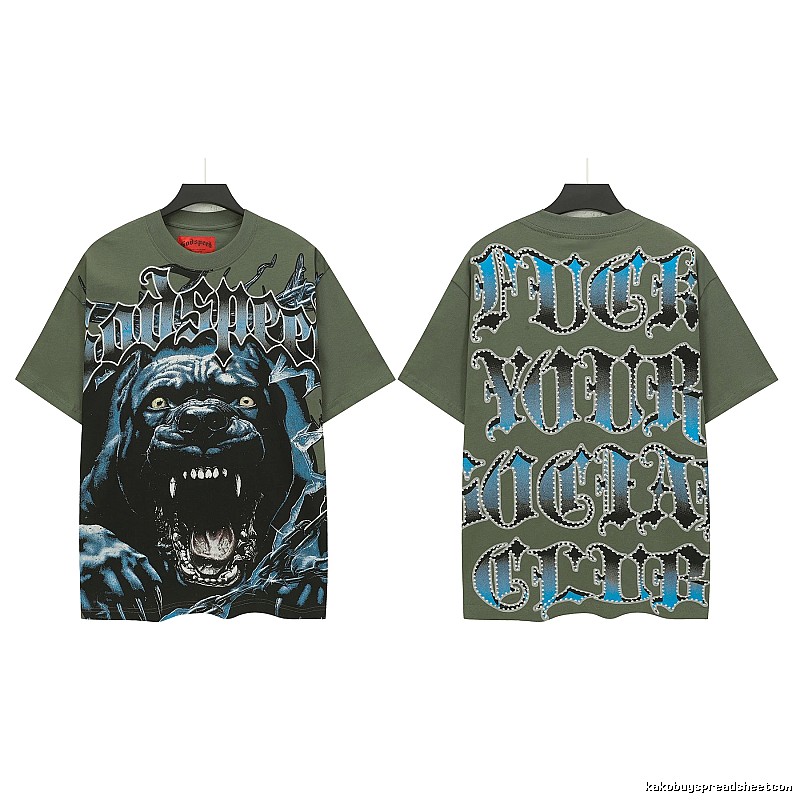 Godspeed Vicious Dog Print Gothic Style Army Green T-shirt