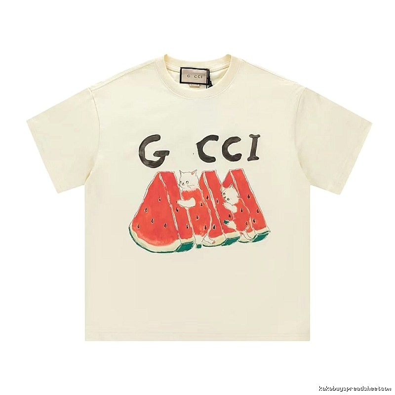 Gucci Cat and Watermelon Printed Off-white Casual T-Shirt