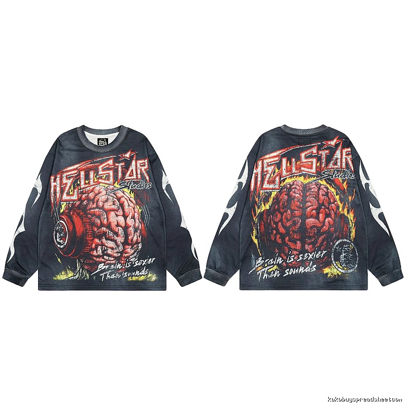 Hellstar Brain Print Street Style Charcoal Black Long-Sleeve T-Shirt