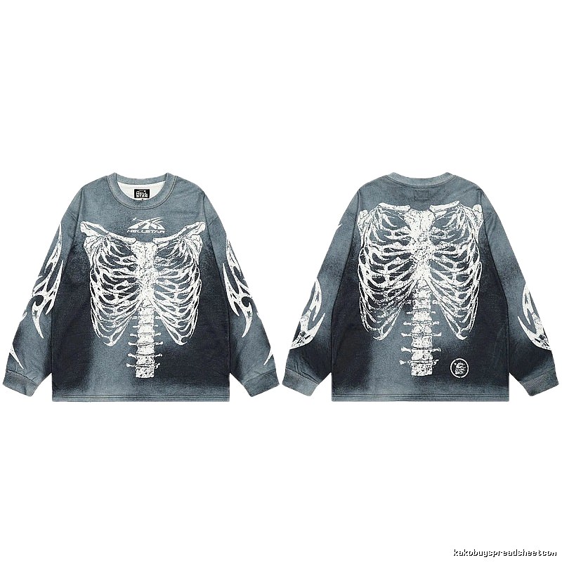 Hellstar Skull Print Street Style Vintage Grey Long Sleeve T-shirt