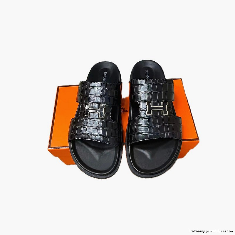 Hermès H-buckle Crocodile Pattern Light Luxury Style Black Slippers