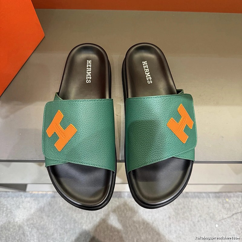Hermès H Collection Casual Style Green & Orange Color-block Slide Sandals