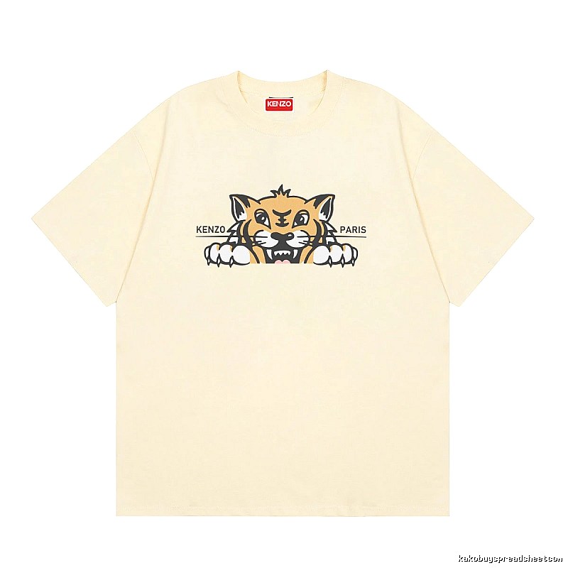 KENZO Tiger Head Print Streetwear Style Beige Short Sleeve T-Shirt