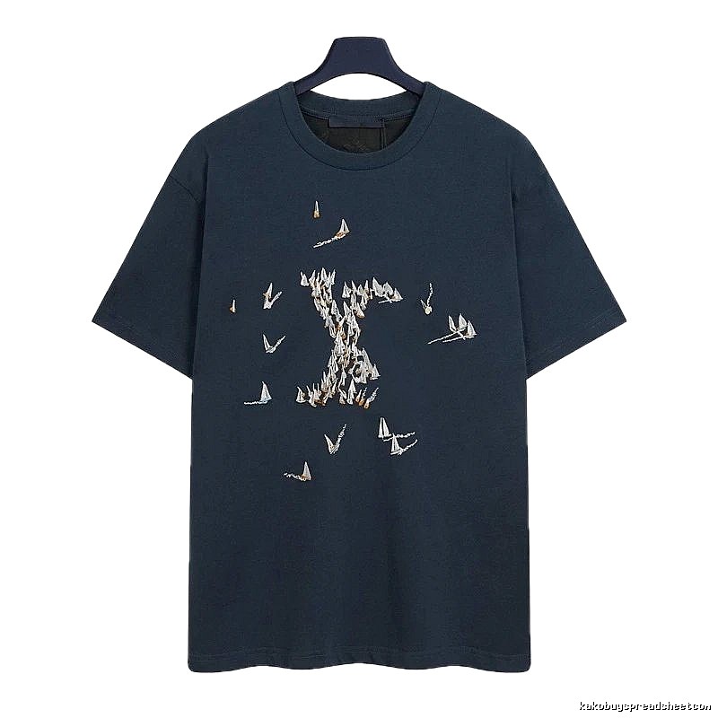 Louis Vuitton Light Luxury Style Navy Blue T-Shirt with Sailing Boat Embroidery