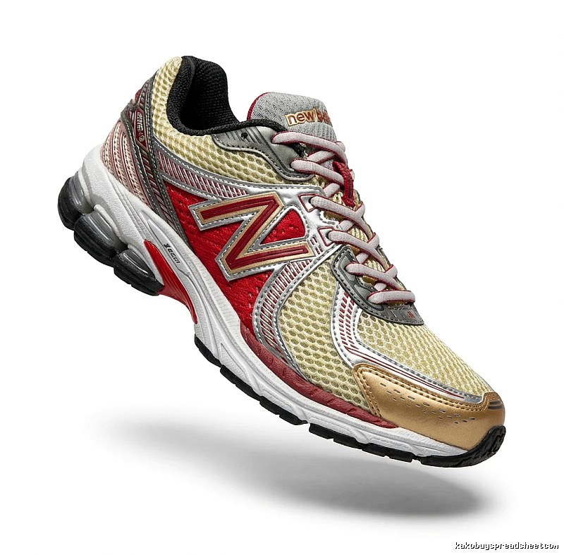 New Balance retro-style red and yellow sports shoes