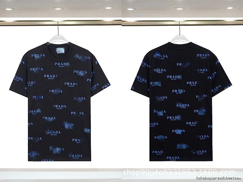 Prada All-over Printed Streetwear Style Black Short-sleeve T-shirt