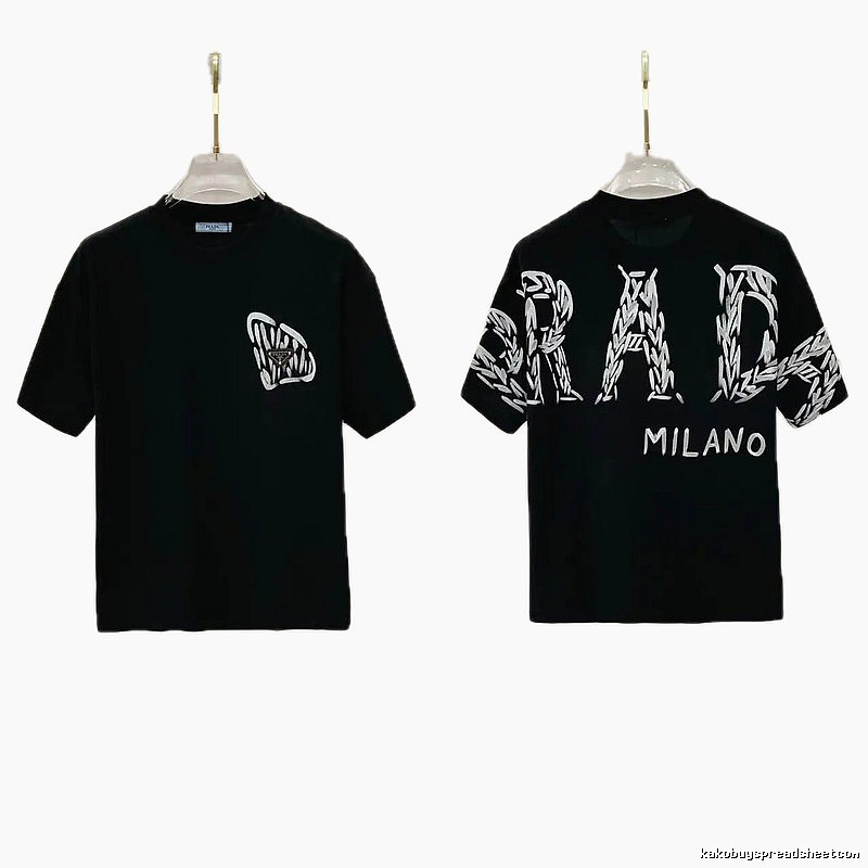 Prada Embroidered Streetwear Style Black Short-sleeve T-shirt