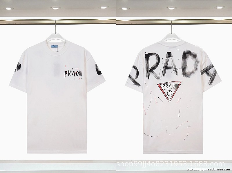 Prada Triangle Logo Graffiti Street Style White Short-sleeve T-shirt