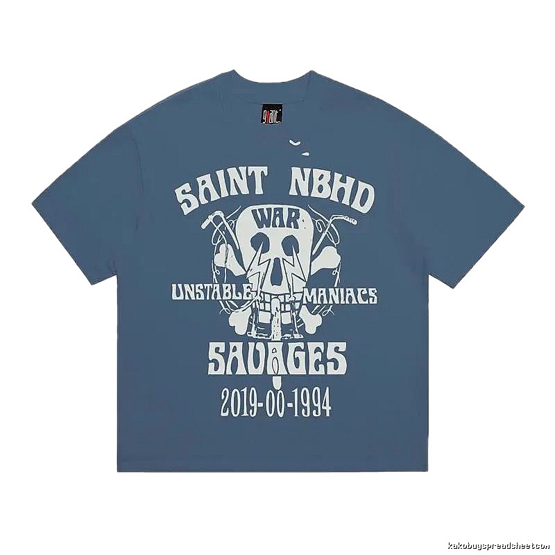 SAINT Skull Print Vintage Grey-Blue Short Sleeve T-Shirt