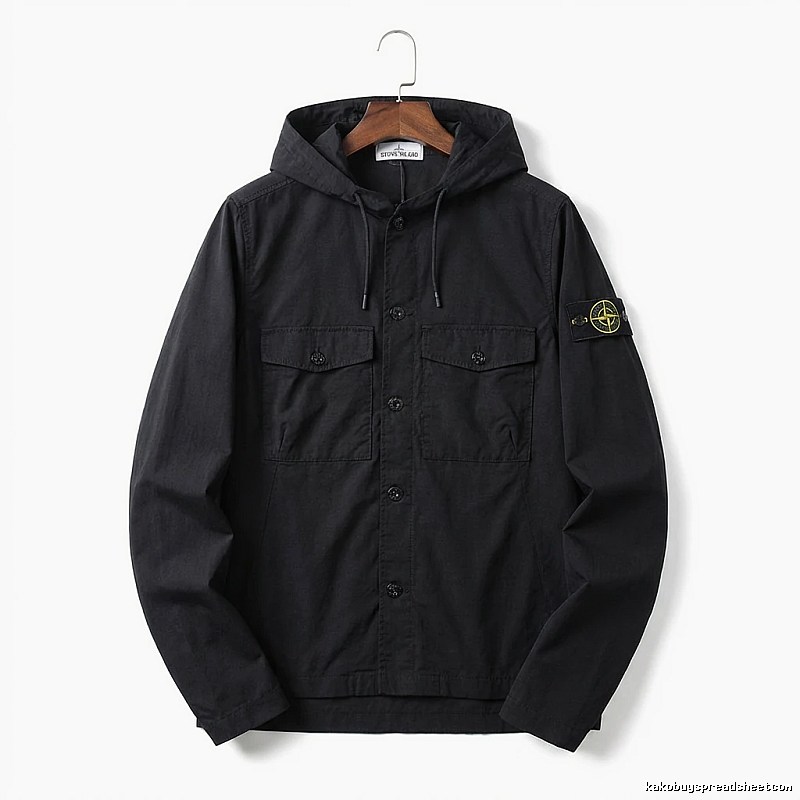 Stone Island Workwear Style Black Hooded Coat