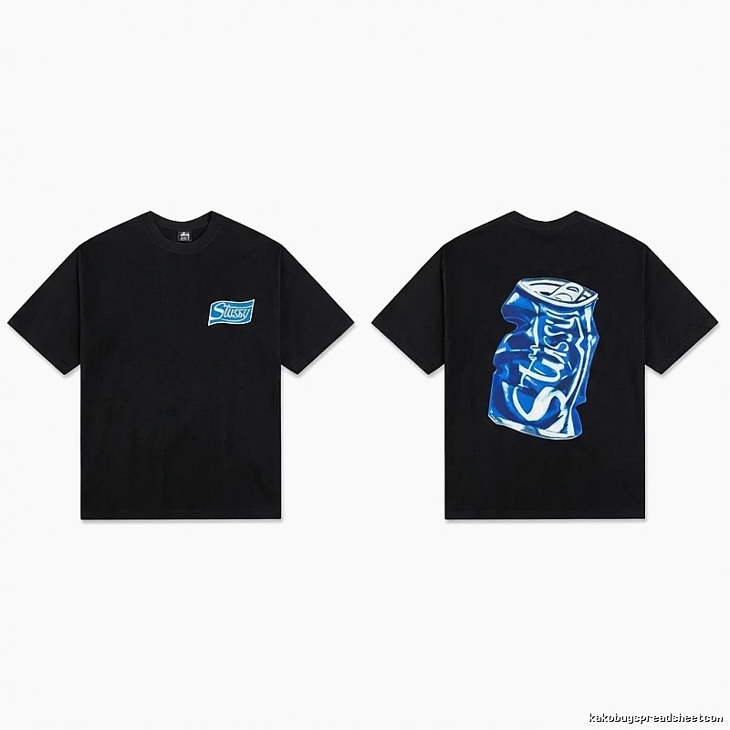 Stussy's black T-shirt with a can-style design