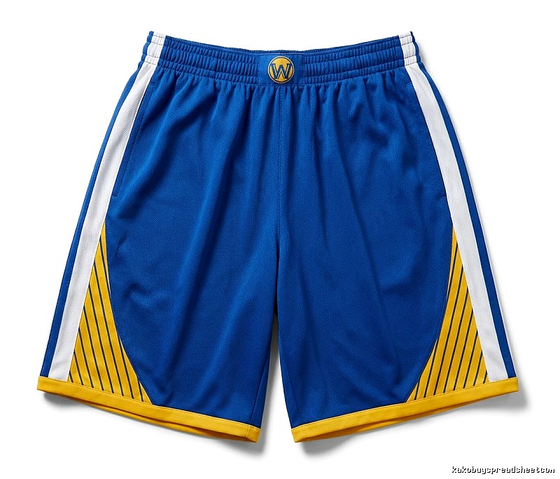 The blue, white and yellow shorts of the Golden State Warriors for Curry.