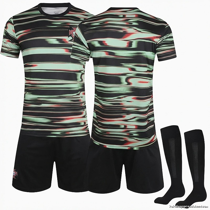 The trendy black and green style of the Portuguese team uniform.